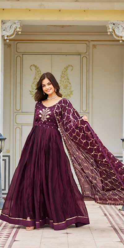 Majestic Purple Color Rangoli Sequence Embroidery Gown