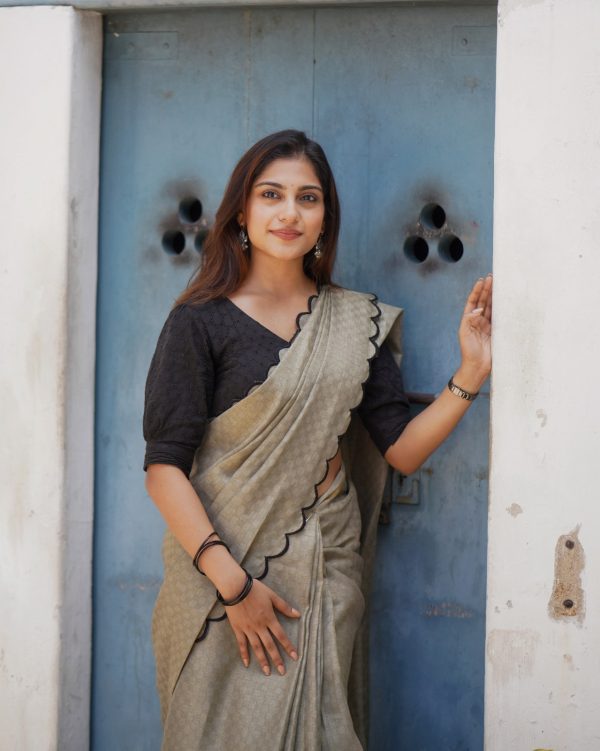 Marvelous Grey Color Cotton Lucknowi Work Saree