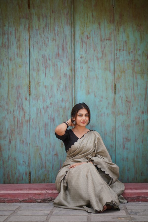 Marvelous Grey Color Cotton Lucknowi Work Saree