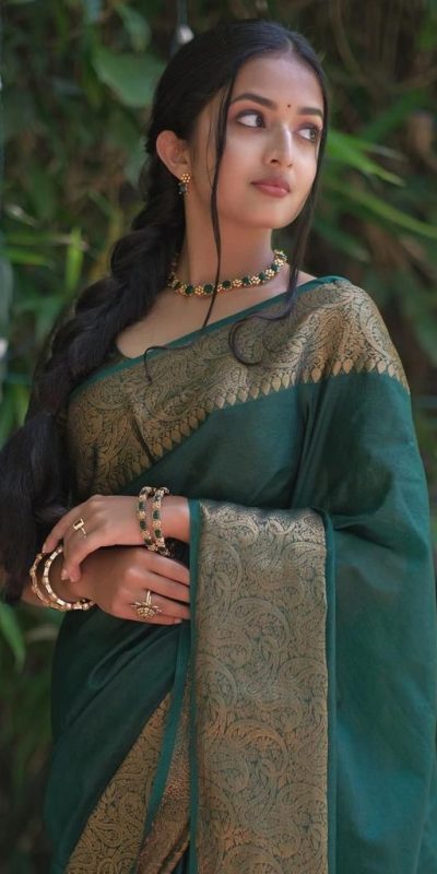 Stylish Dark Green Color Soft Lichi Silk Cloth Jacquard All Over Saree