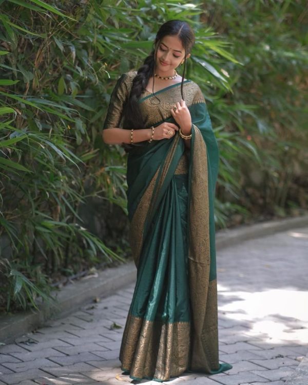 Stylish Dark Green Color Soft Lichi Silk Cloth Jacquard All Over Saree
