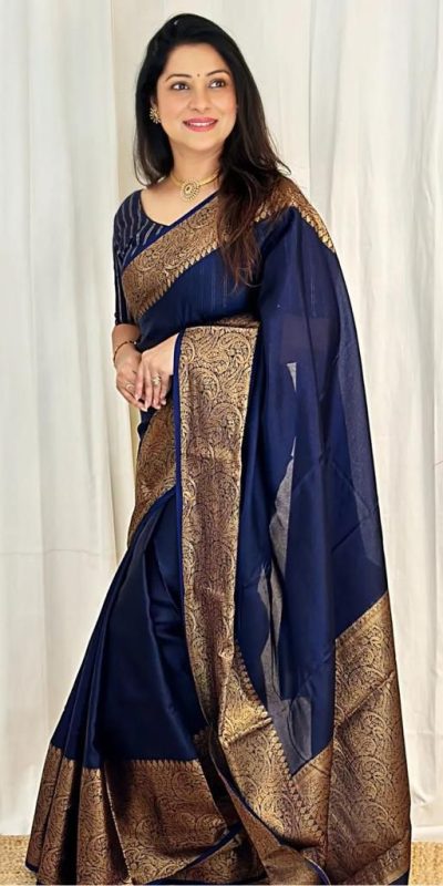 Stylish Navy Blue Color Soft Lichi Silk Cloth Jacquard All Over Saree
