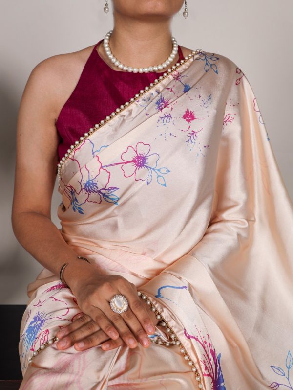YNF 7028 Cream Color Satin Silk Floral Printed Lace Border Work Saree Casual Party Wear, Wedding, Events Etc. Expected Delivery 4-6 Working Days @1599/- | Sarees, Bollywood Sarees, Creative Sarees, Designer Sarees, Embroidered Sarees, Ethnic Saree, Modern Digital sarees, Party Wear Sarees