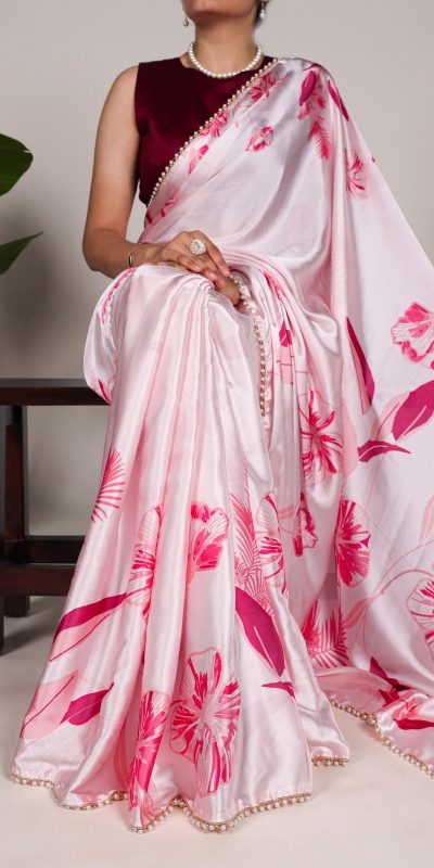 YNF 7028 Light Pink Color Satin Silk Floral Printed Lace Border Saree Casual Party Wear, Wedding, Events Etc. Expected Delivery 4-6 Working Days @1599/- | Sarees, Bollywood Sarees, Creative Sarees, Designer Sarees, Embroidered Sarees, Ethnic Saree, Modern Digital sarees, Party Wear Sarees