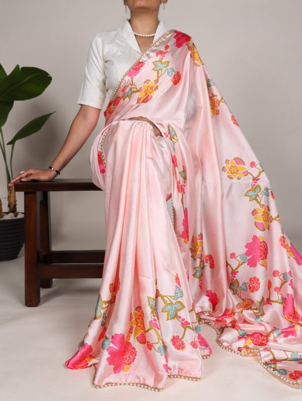 YNF 7028 Peach Color Satin Silk Floral Printed Lace Border Work Saree Casual Party Wear, Wedding, Events Etc. Expected Delivery 4-6 Working Days @1599/- | Sarees, Bollywood Sarees, Creative Sarees, Designer Sarees, Embroidered Sarees, Ethnic Saree, Modern Digital sarees, Party Wear Sarees