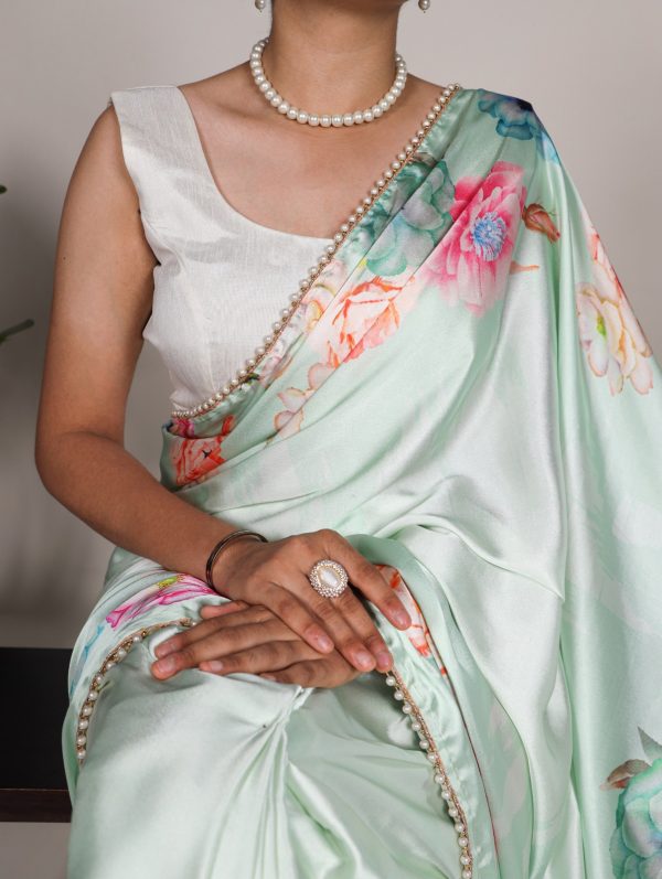 YNF 7028 Pista Color Satin Silk Floral Printed Lace Border Work Saree Casual Party Wear, Wedding, Events Etc. Expected Delivery 4-6 Working Days @1599/- | Sarees, Bollywood Sarees, Creative Sarees, Designer Sarees, Embroidered Sarees, Ethnic Saree, Modern Digital sarees, Party Wear Sarees