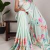 Pista Satin Silk Floral Printed Lace Border Work Saree
