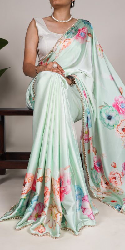 YNF 7028 Pista Color Satin Silk Floral Printed Lace Border Work Saree Casual Party Wear, Wedding, Events Etc. Expected Delivery 4-6 Working Days @1599/- | Sarees, Bollywood Sarees, Creative Sarees, Designer Sarees, Embroidered Sarees, Ethnic Saree, Modern Digital sarees, Party Wear Sarees