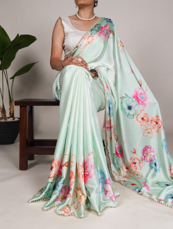 YNF 7028 Pista Color Satin Silk Floral Printed Lace Border Work Saree Casual Party Wear, Wedding, Events Etc. Expected Delivery 4-6 Working Days @1599/- | Sarees, Bollywood Sarees, Creative Sarees, Designer Sarees, Embroidered Sarees, Ethnic Saree, Modern Digital sarees, Party Wear Sarees