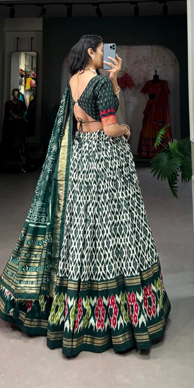 Aglow Green Color Tussar Silk Ikkat Print Foil Work Lehenga Choli