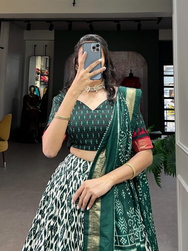 Aglow Green Color Tussar Silk Ikkat Print Foil Work Lehenga Choli