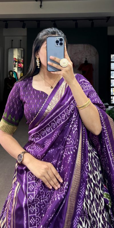 Aglow Purple Color Tussar Silk Ikkat Print Foil Work Lehenga Choli