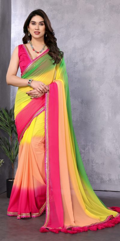 Attractive In Green Pink Color Faux Peding Georgette Party Wear Saree