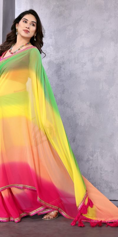 Attractive In Green Pink Color Faux Peding Georgette Party Wear Saree