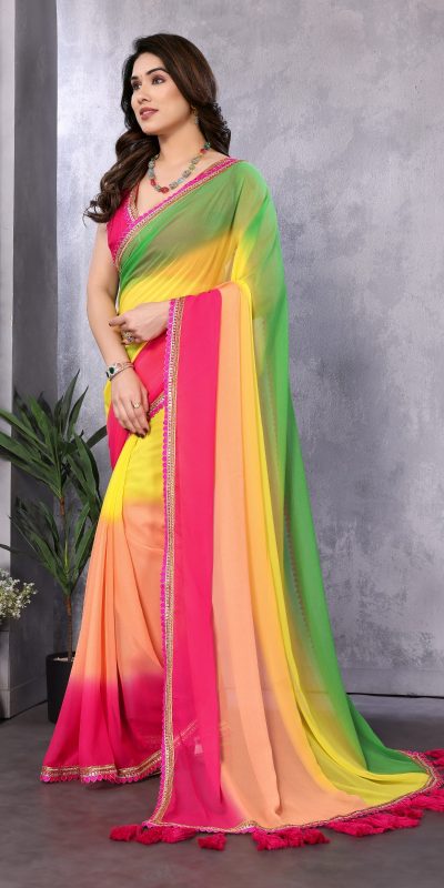 Attractive In Green Pink Color Faux Peding Georgette Party Wear Saree