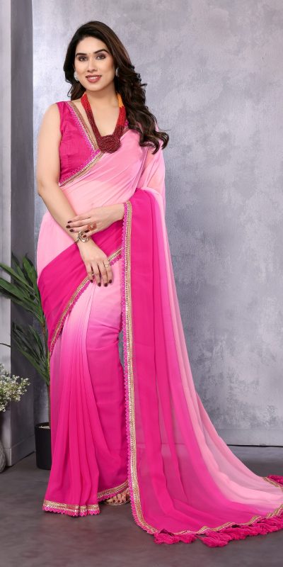 Attractive In Rose Pink Color Faux Peding Georgette Party Wear Saree