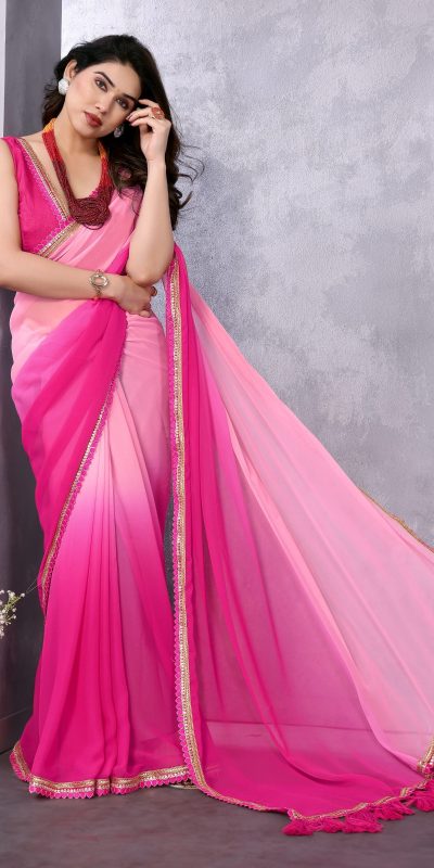 Attractive In Rose Pink Color Faux Peding Georgette Party Wear Saree