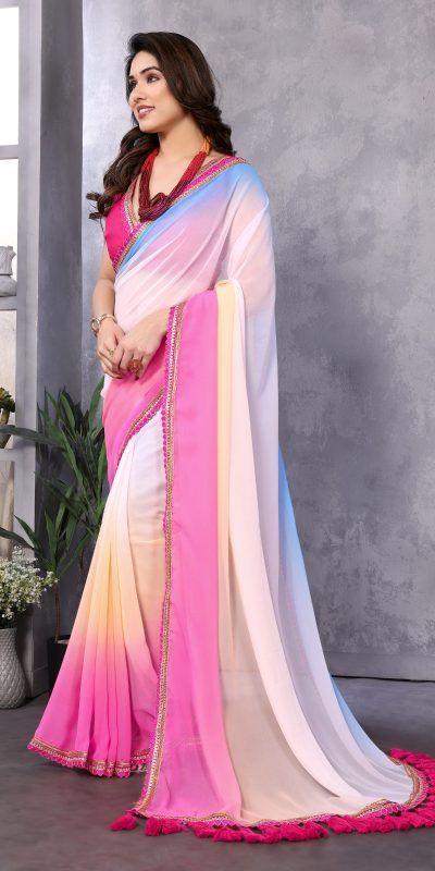 Attractive In Sky Pink Color Faux Peding Georgette Party Wear Saree