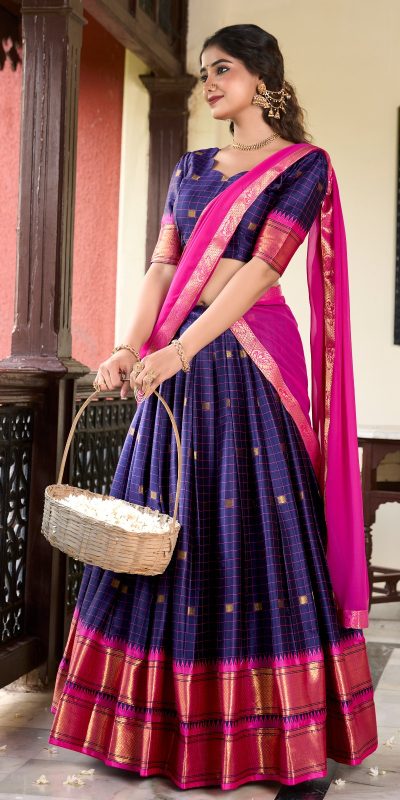 Graceful Navy Blue Color Cotton Silk Weaving Paithani Lehenga Choli