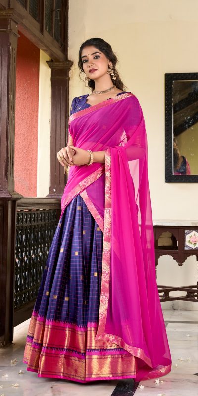 Graceful Navy Blue Color Cotton Silk Weaving Paithani Lehenga Choli