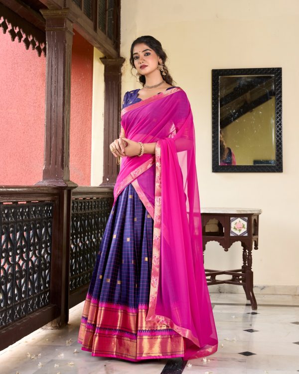 Graceful Navy Blue Color Cotton Silk Weaving Paithani Lehenga Choli