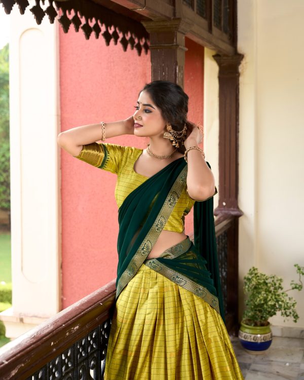 Graceful Parrot Green Color Cotton Silk Weaving Paithani Concept Lehenga Choli