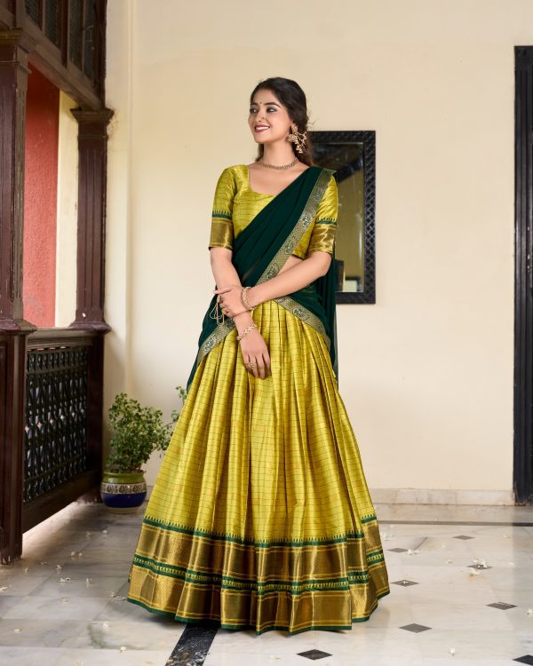 Graceful Parrot Green Color Cotton Silk Weaving Paithani Concept Lehenga Choli
