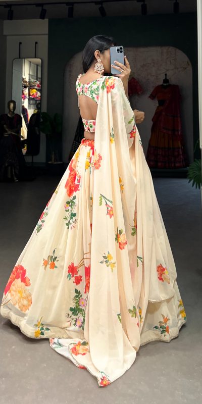 Grand Cream Color Georgette Floral Printed Lehenga Choli