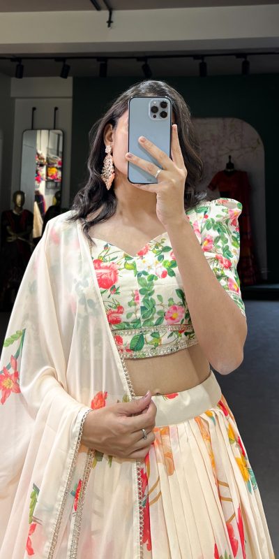 Grand Cream Color Georgette Floral Printed Lehenga Choli