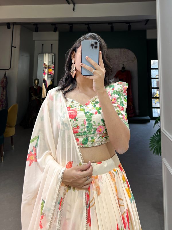 Grand Cream Color Georgette Floral Printed Lehenga Choli
