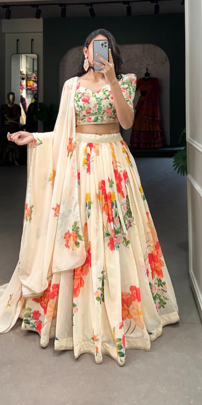 Grand Cream Color Georgette Floral Printed Lehenga Choli