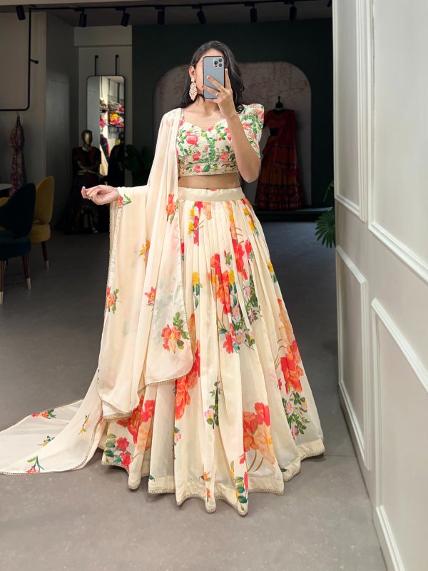 Grand Cream Color Georgette Floral Printed Lehenga Choli