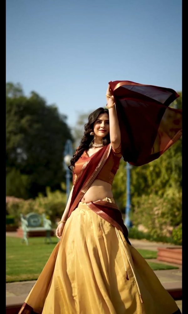 Peaceful Cream Color Kanchipuram Zari Weaving Lehenga Choli