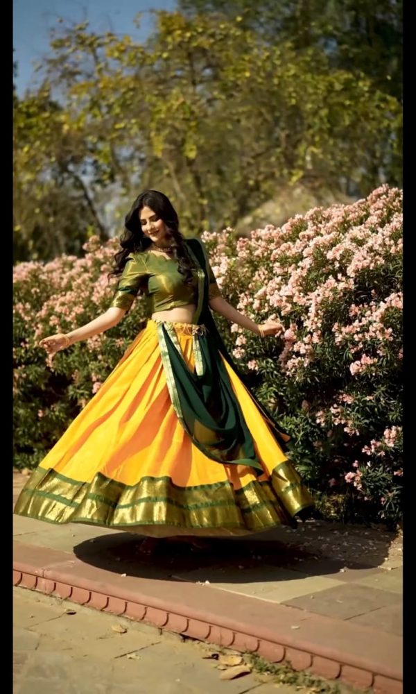 Peaceful Mustard Color Kanchipuram Zari Weaving Lehenga Choli