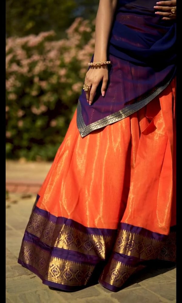 Peaceful Orange Color Kanchipuram Zari Weaving Lehenga Choli