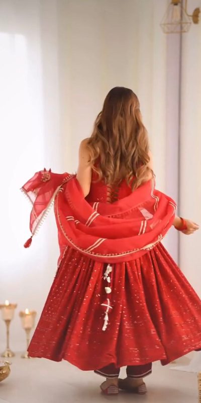 Perfect Red Color Rayon Silk Chikan kari Sequence Salwar Suit