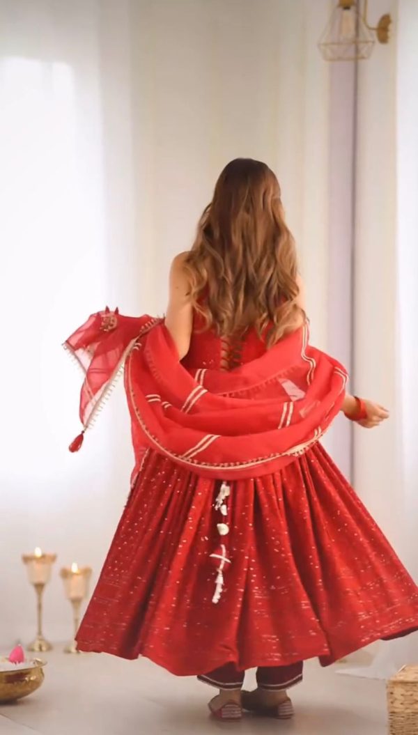 Perfect Red Color Rayon Silk Chikan kari Sequence Salwar Suit