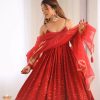Red Rayon Silk Chikan Kari Sequence Salwar Suit