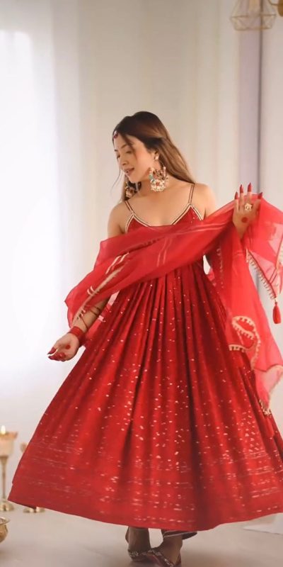 Perfect Red Color Rayon Silk Chikan kari Sequence Salwar Suit