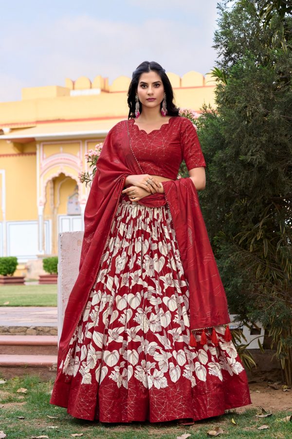 Pretty Red Color Tussar Silk Floral And Foil Printed Lehenga Choli