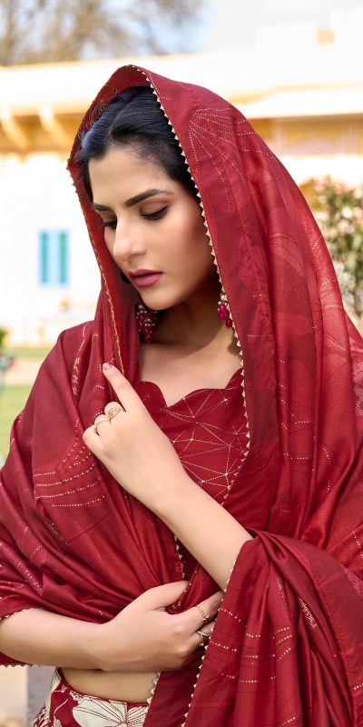 Pretty Red Color Tussar Silk Floral And Foil Printed Lehenga Choli