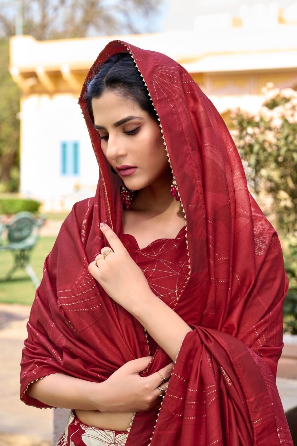 Pretty Red Color Tussar Silk Floral And Foil Printed Lehenga Choli
