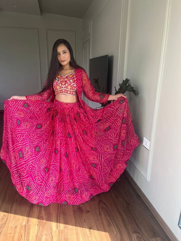 Commitment Pink Color Pure Bandhrej Heavy Embroidery Sequence Lehenga Choli