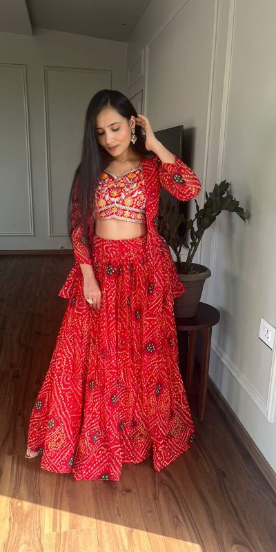 Commitment Red Color Pure Bandhrej Heavy Embroidery Sequence Lehenga Choli