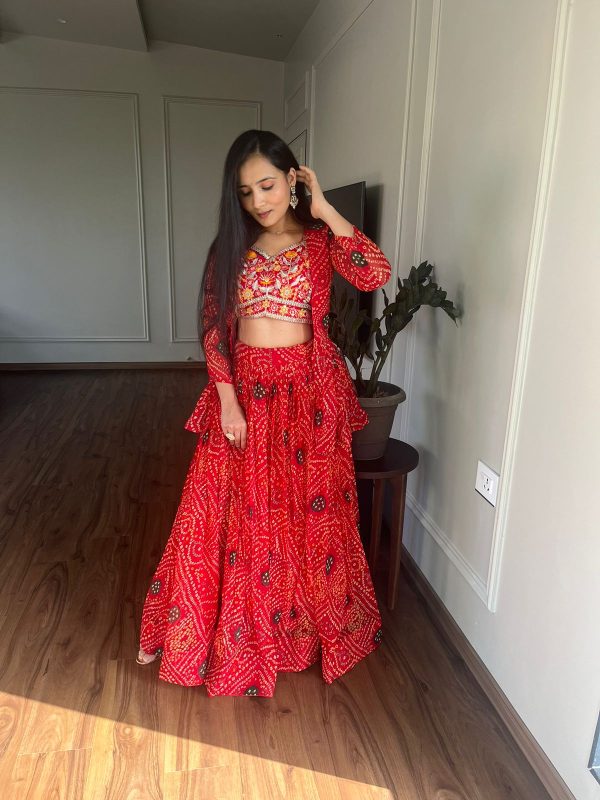 Commitment Red Color Pure Bandhrej Heavy Embroidery Sequence Lehenga Choli