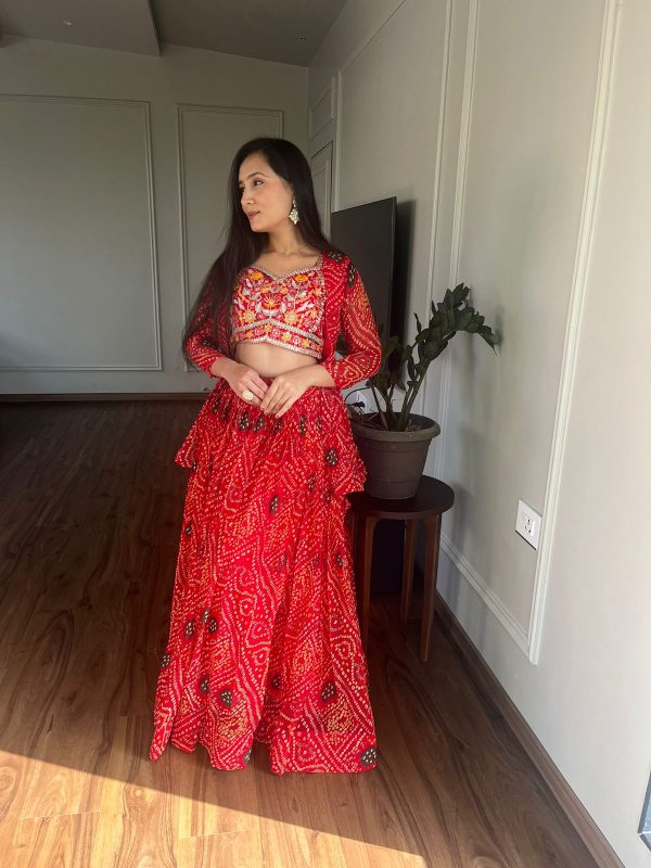 Commitment Red Color Pure Bandhrej Heavy Embroidery Sequence Lehenga Choli