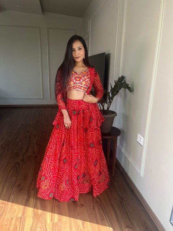 Commitment Red Color Pure Bandhrej Heavy Embroidery Sequence Lehenga Choli