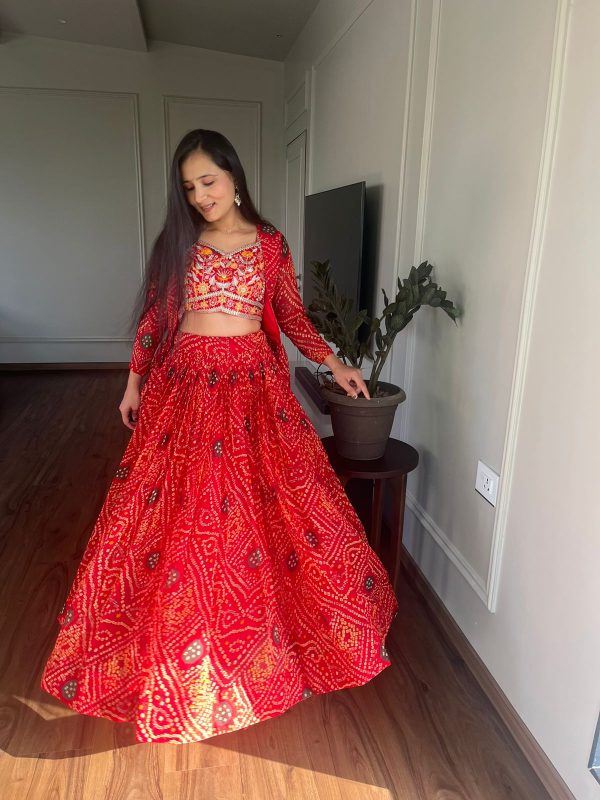 Commitment Red Color Pure Bandhrej Heavy Embroidery Sequence Lehenga Choli