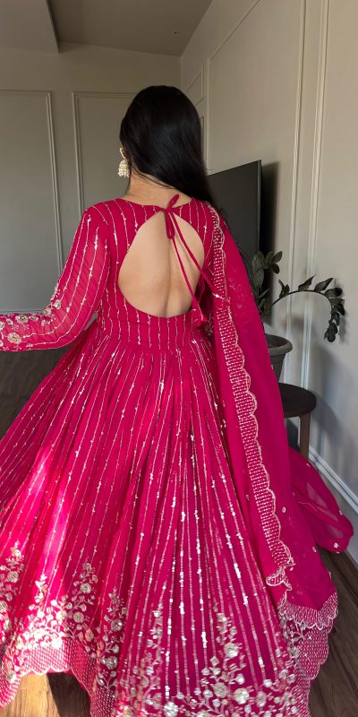 Magical Pink Color Fox Georgette sequence Embroidery Work With Gown