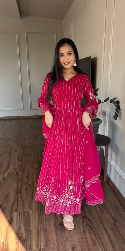 Magical Pink Color Fox Georgette sequence Embroidery Work With Gown